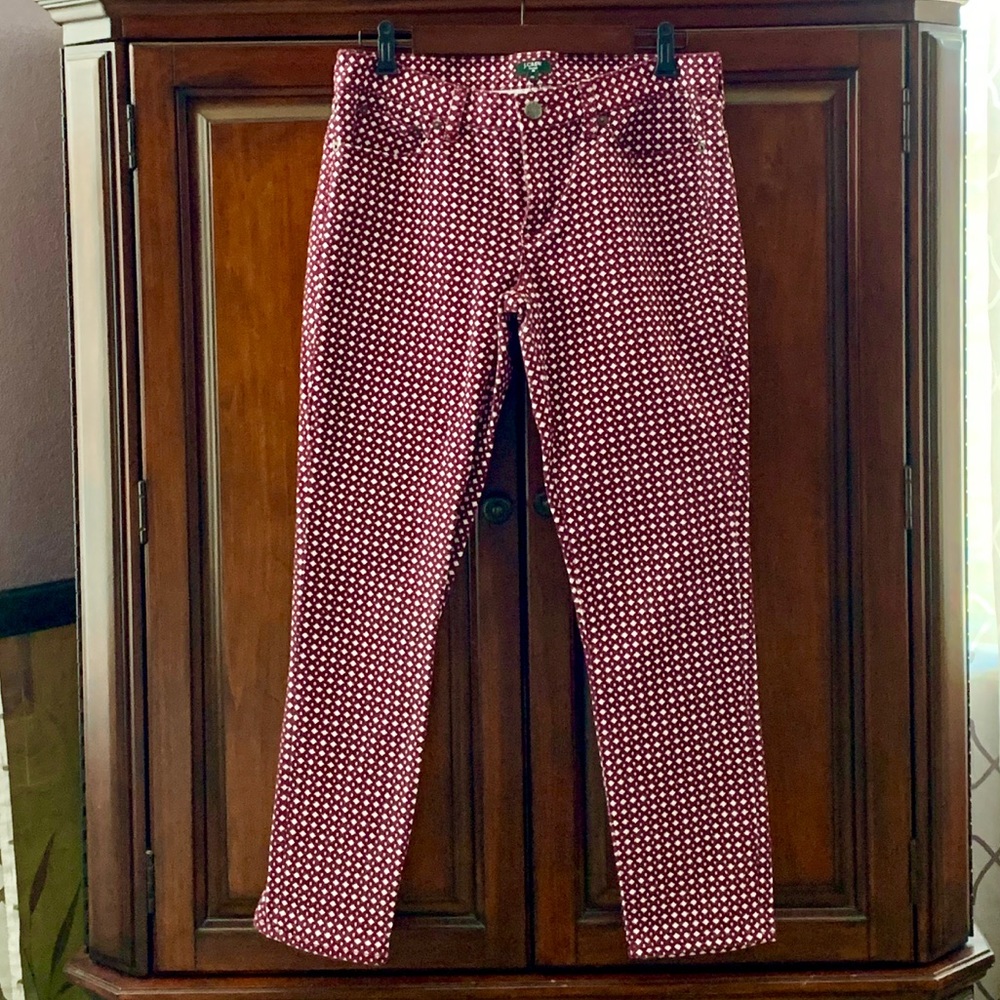 J. Crew Stretch Jeans in burgundy and white print